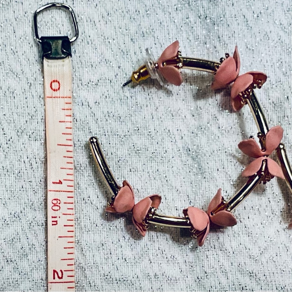 Pink Floral Gold Tone Hoop Earrings - Picture 2 of 3